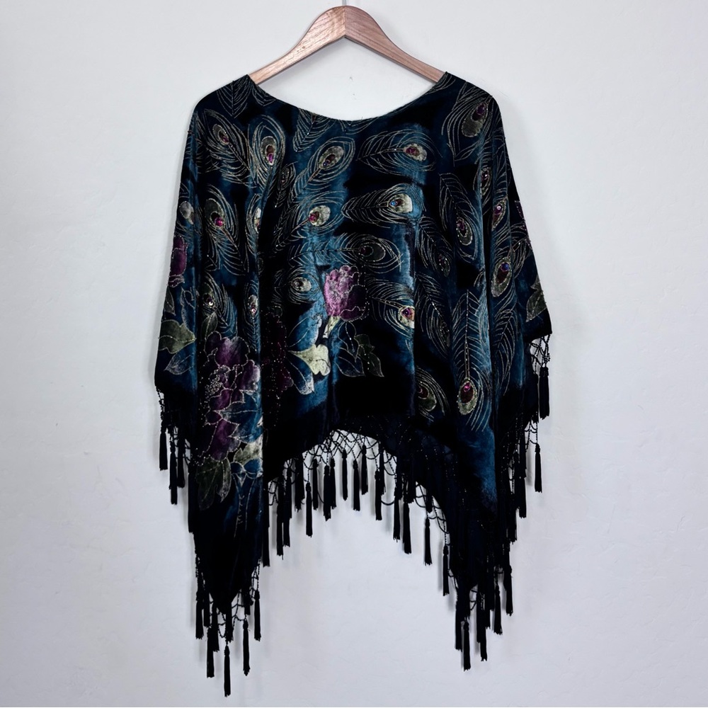 90s Y2K Coldwater Creek Peacock Floral Shawl Poncho Beaded Tassels Whimsigoth